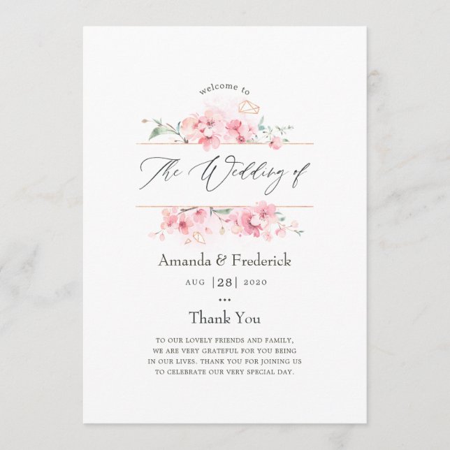 Pink Cherry Blossom Geometric Spring Wedding Programme (Front)