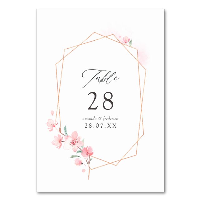 Pink Cherry Blossom Geometric Spring Wedding Table Number (Front)