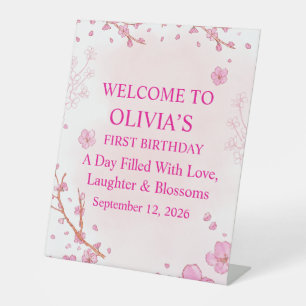 Pink Cherry Blossom Girl First Birthday welcome si Pedestal Sign