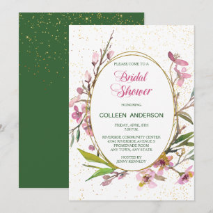 Pink Cherry Blossom Gold Frame Bridal Shower Invitation