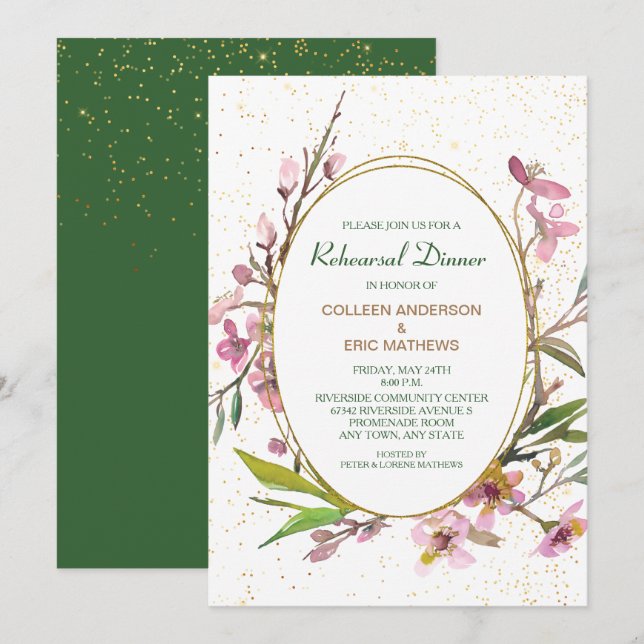 Pink Cherry Blossom Gold Frame Rehearsal Dinner Invitation (Front/Back)