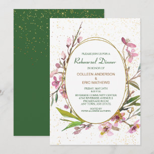 Pink Cherry Blossom Gold Frame Rehearsal Dinner Invitation