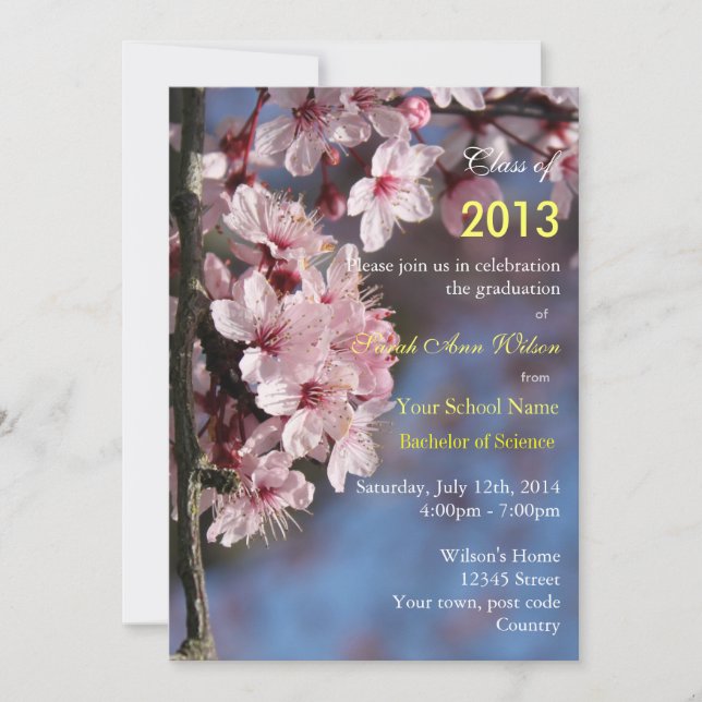Pink cherry blossom graduation party invitation (Front)
