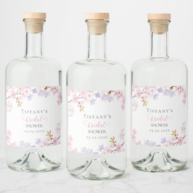 Pink Cherry Blossom in Bloom Garden Bridal Shower Liquor Bottle Label (Bottles)