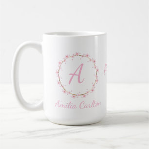 Pink Cherry Blossom Initial Feminine Floral Wreath Coffee Mug