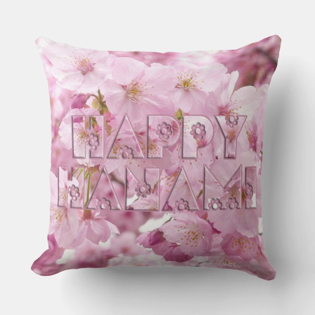 Pink Cherry Blossom Japanese Festival Happy Hanami Cushion (Front)