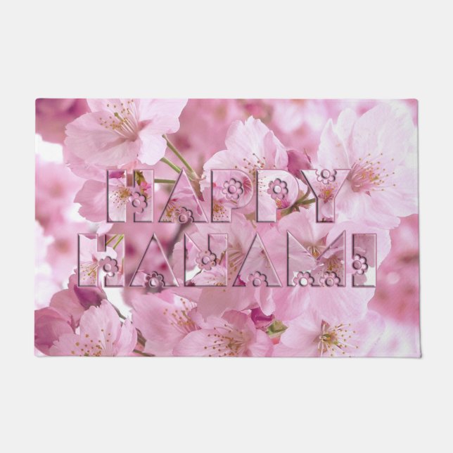 Pink Cherry Blossom Japanese Festival Happy Hanami Doormat (Front)