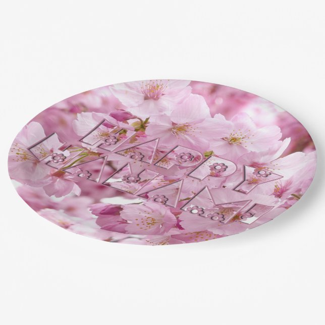 Pink Cherry Blossom Japanese Festival Happy Hanami Paper Plate (Angled)