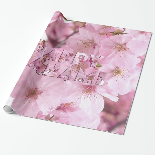 Pink Cherry Blossom Japanese Festival Happy Hanami Wrapping Paper (Unrolled)