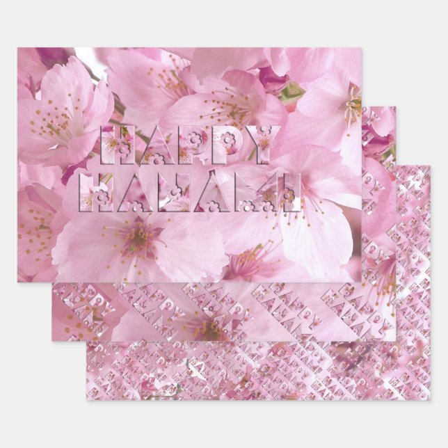 Pink Cherry Blossom Japanese Festival Happy Hanami Wrapping Paper Sheet (Set)