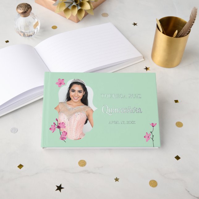 Pink Cherry Blossom Mint Green Personalised Photo Guest Book (Front Open)