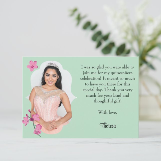 Pink Cherry Blossom, Mint Green Photo Thank You Card (Standing Front)
