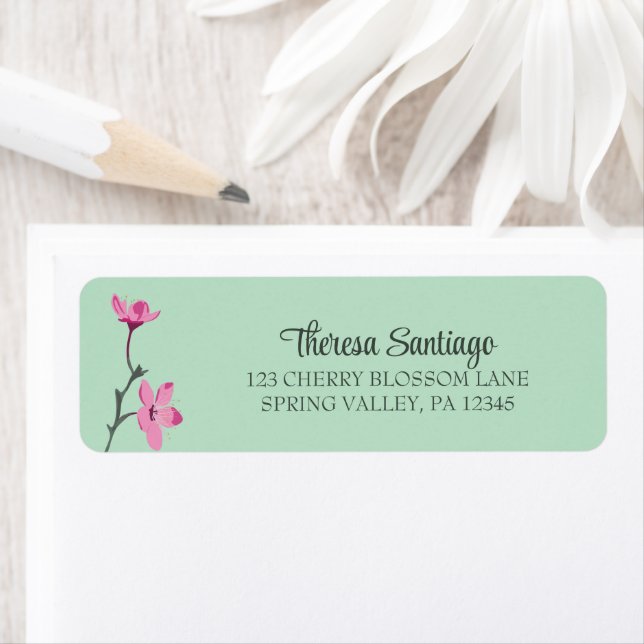 Pink Cherry Blossom Mint Green Return Address (Insitu)