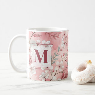 Pink cherry blossom monogram coffee mug