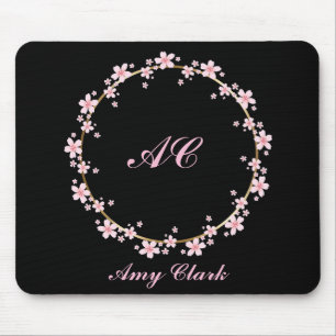 Pink Cherry Blossom Monogram Feminine Floral Wreat Mouse Mat