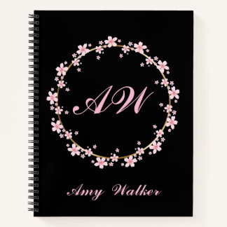 Pink Cherry Blossom Monogram Feminine Floral Wreat Notebook