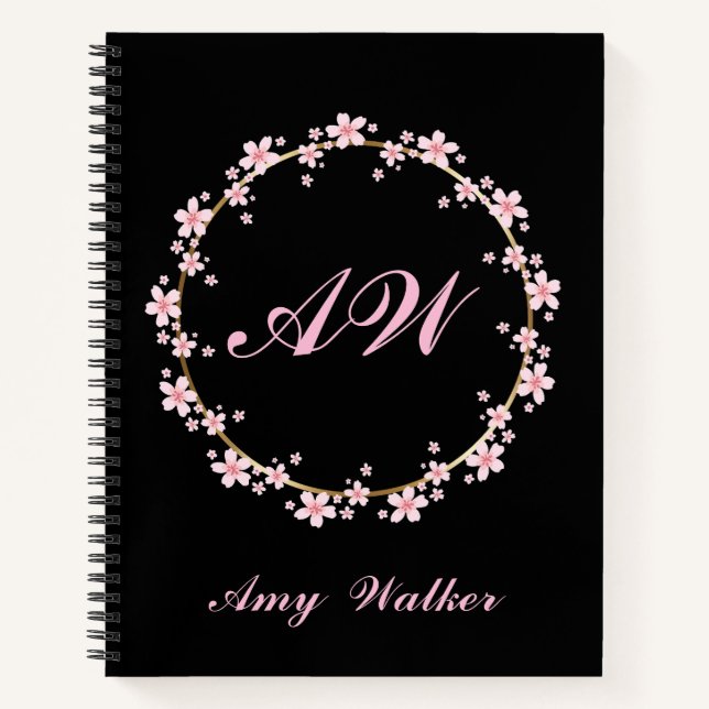 Pink Cherry Blossom Monogram Feminine Floral Wreat Notebook (Front)