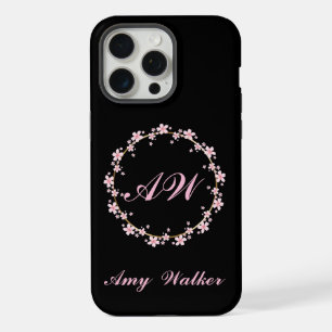 Pink Cherry Blossom Monogram Floral Wreath iPhone 15 Pro Max Case