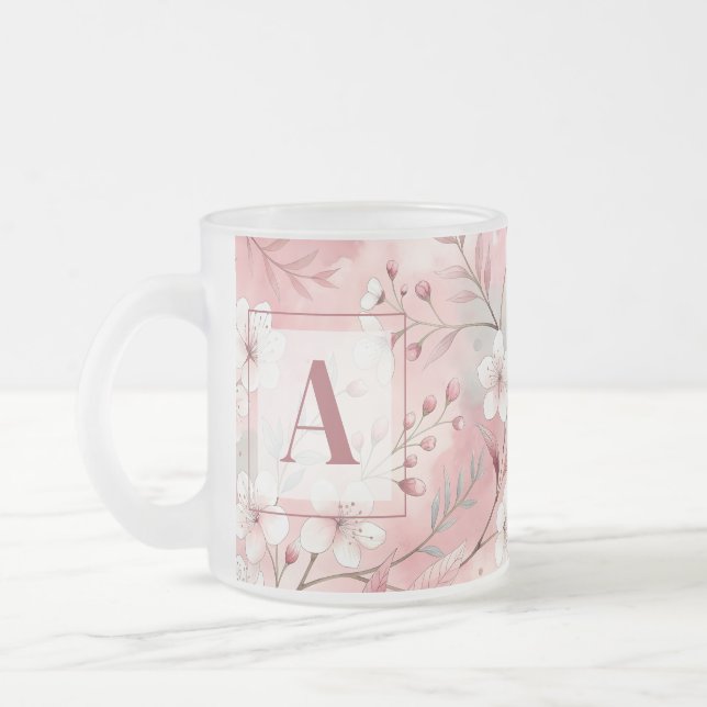 Pink cherry blossom monogram frosted glass coffee mug (Left)