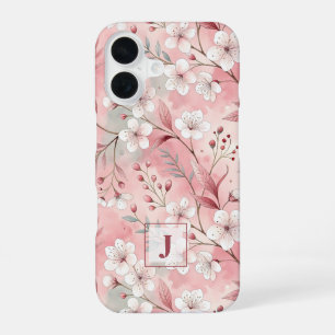 Pink cherry blossom monogram iPhone 16 case