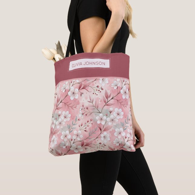Pink cherry blossom monogram tote bag (Close Up)