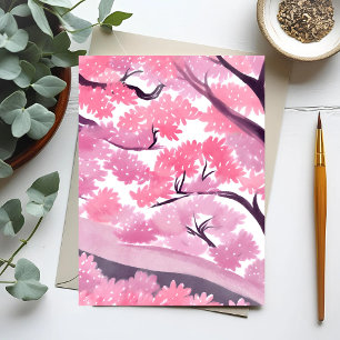 Pink Cherry Blossom   Nature Watercolor Postcard