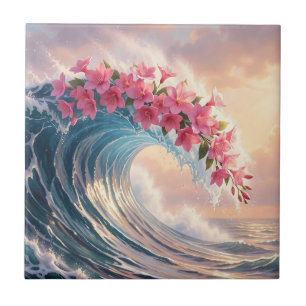 Pink Cherry Blossom Ocean Wave Surreal Tile