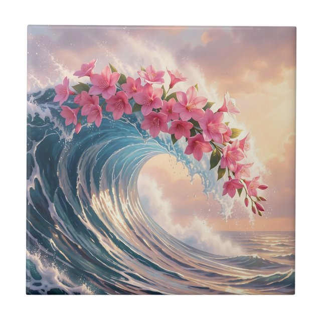  Pink Cherry Blossom Ocean Wave Surreal  Tile (Front)