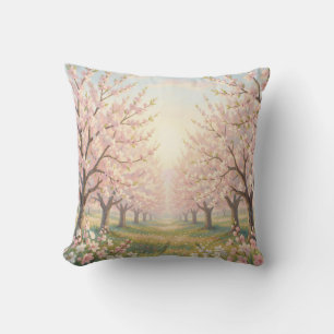 Pink Cherry Blossom Orchard Spring Landscape Cushion