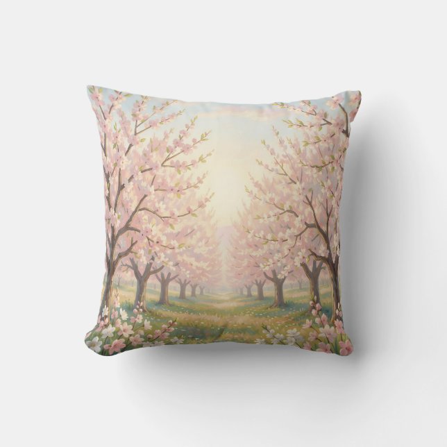 Pink Cherry Blossom Orchard Spring Landscape Cushion (Front)