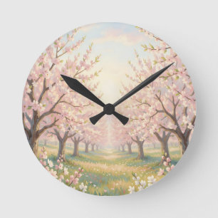 Pink Cherry Blossom Orchard Spring Landscape Round Clock