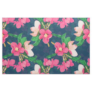 Pink Cherry Blossom Paint Navy-Blue Design Fabric