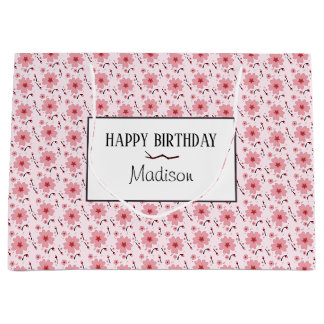 Pink Cherry Blossom Pattern Happy Birthday Large Gift Bag