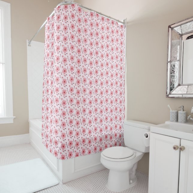 Pink Cherry Blossom Pattern Shower Curtain (In Situ)