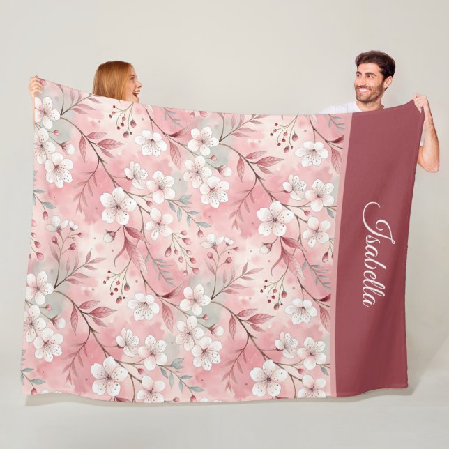 Pink cherry blossom Personalized Fleece Blanket (In Situ)