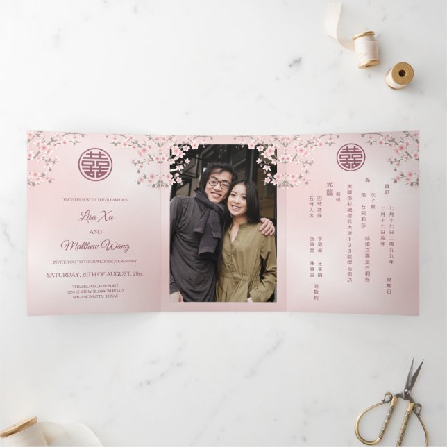Pink Cherry Blossom | Photo Chinese Wedding  Tri-Fold Invitation (Inside)