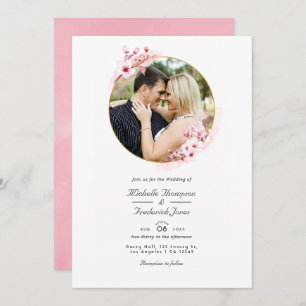 Pink Cherry Blossom QR Code RSVP Spring Wedding Invitation