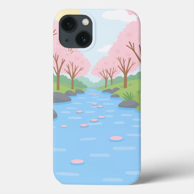 Pink Cherry Blossom River Landscape iPhone Case (Back)