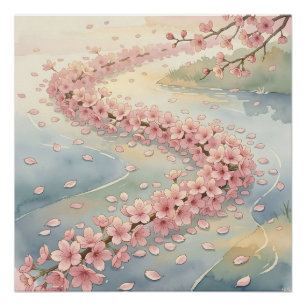Pink Cherry Blossom River Watercolor Scene Poster