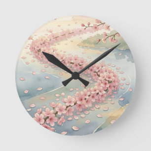 Pink Cherry Blossom River Watercolor Scene Round Clock