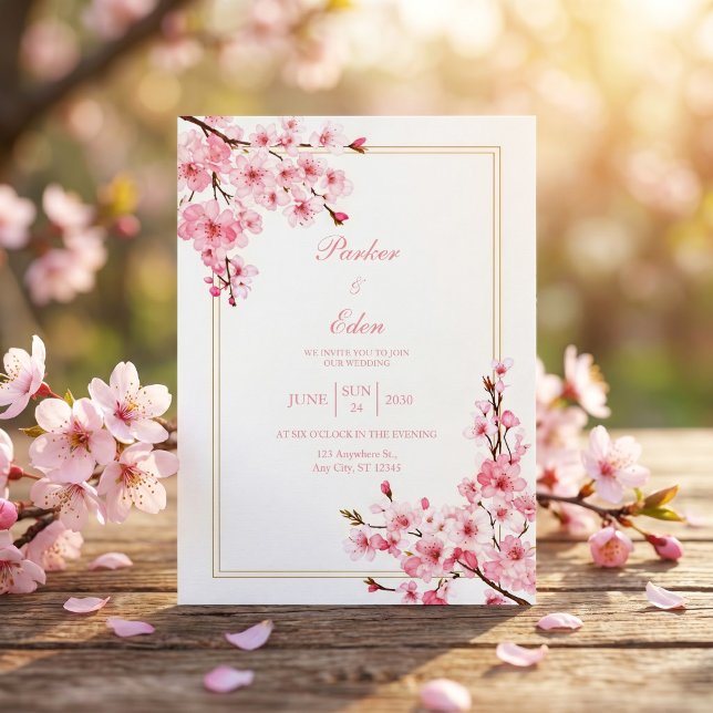 Pink Cherry Blossom Romantic Gold Frame Wedding Invitation (Creator Uploaded)