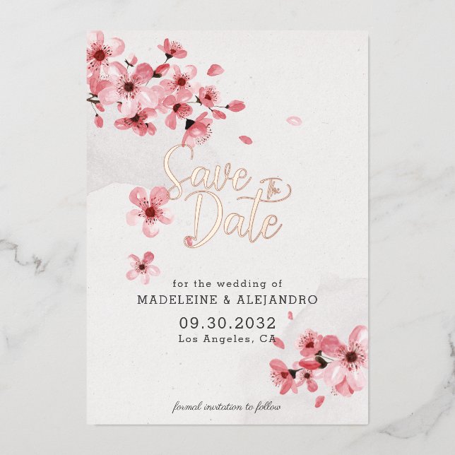 Pink cherry blossom romantic wedding Save the date (Front)