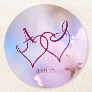Pink cherry blossom round paper coaster