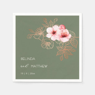 Pink Cherry Blossom Sage Green Wedding Napkin