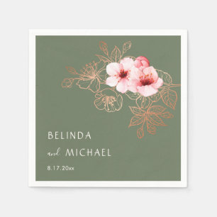 Pink Cherry Blossom Sage Green Wedding Napkin
