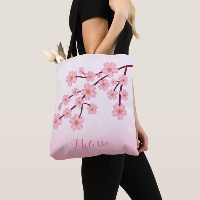 Pink Cherry Blossom Sakura Floral Branch With Name Tote Bag (Close Up)