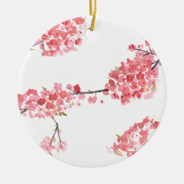 Pink cherry blossom sakura Japan watercolor  Ceramic Tree Decoration (Front)