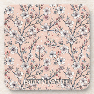Pink Cherry Blossom Sakura Pattern on Pink (1) Coaster