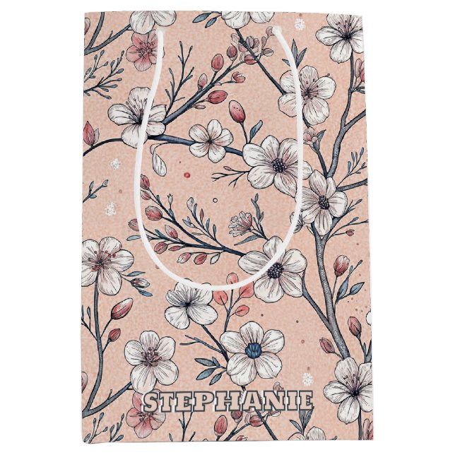 Pink Cherry Blossom Sakura Pattern on Pink (1) Medium Gift Bag (Front)