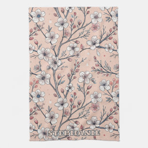 Pink Cherry Blossom Sakura Pattern on Pink (1) Tea Towel